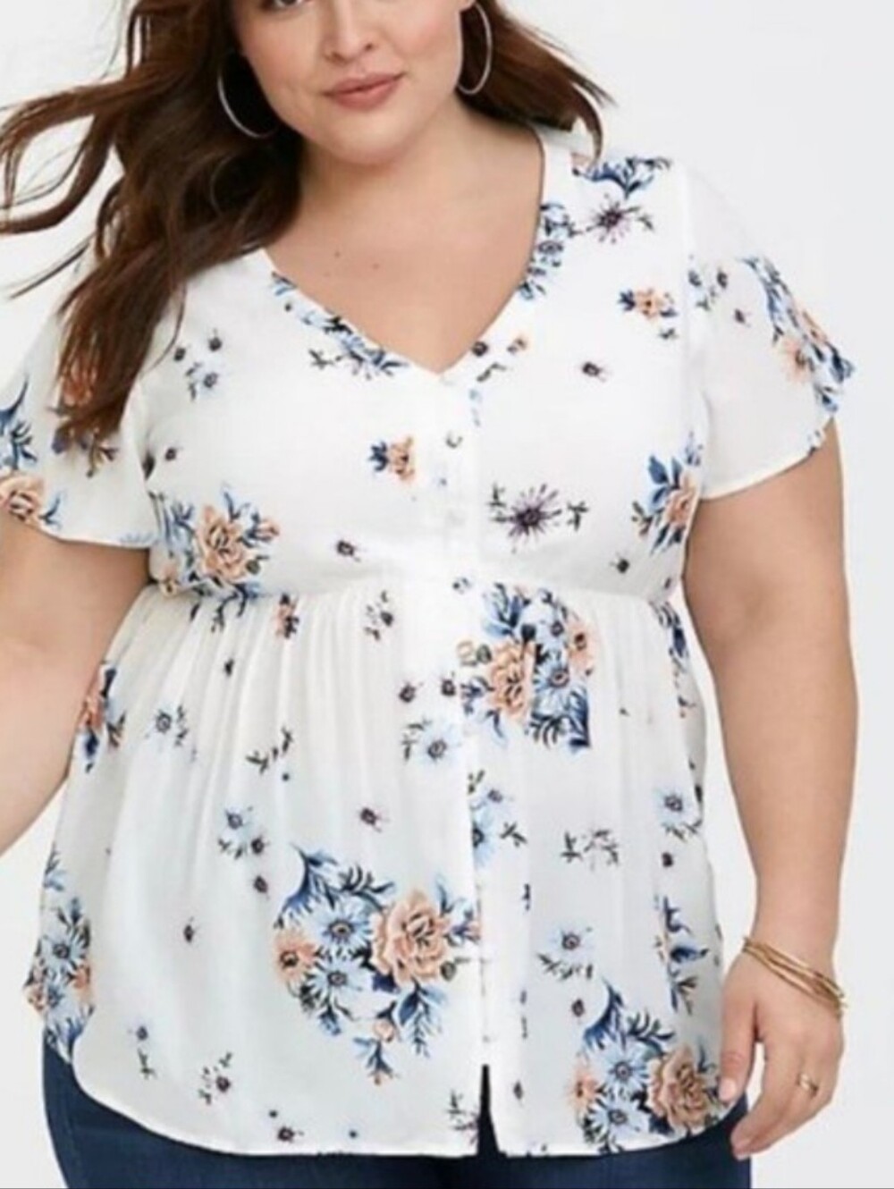 torrid White Floral V-Neck Peplum Tunic with Blue and Peach Blooms